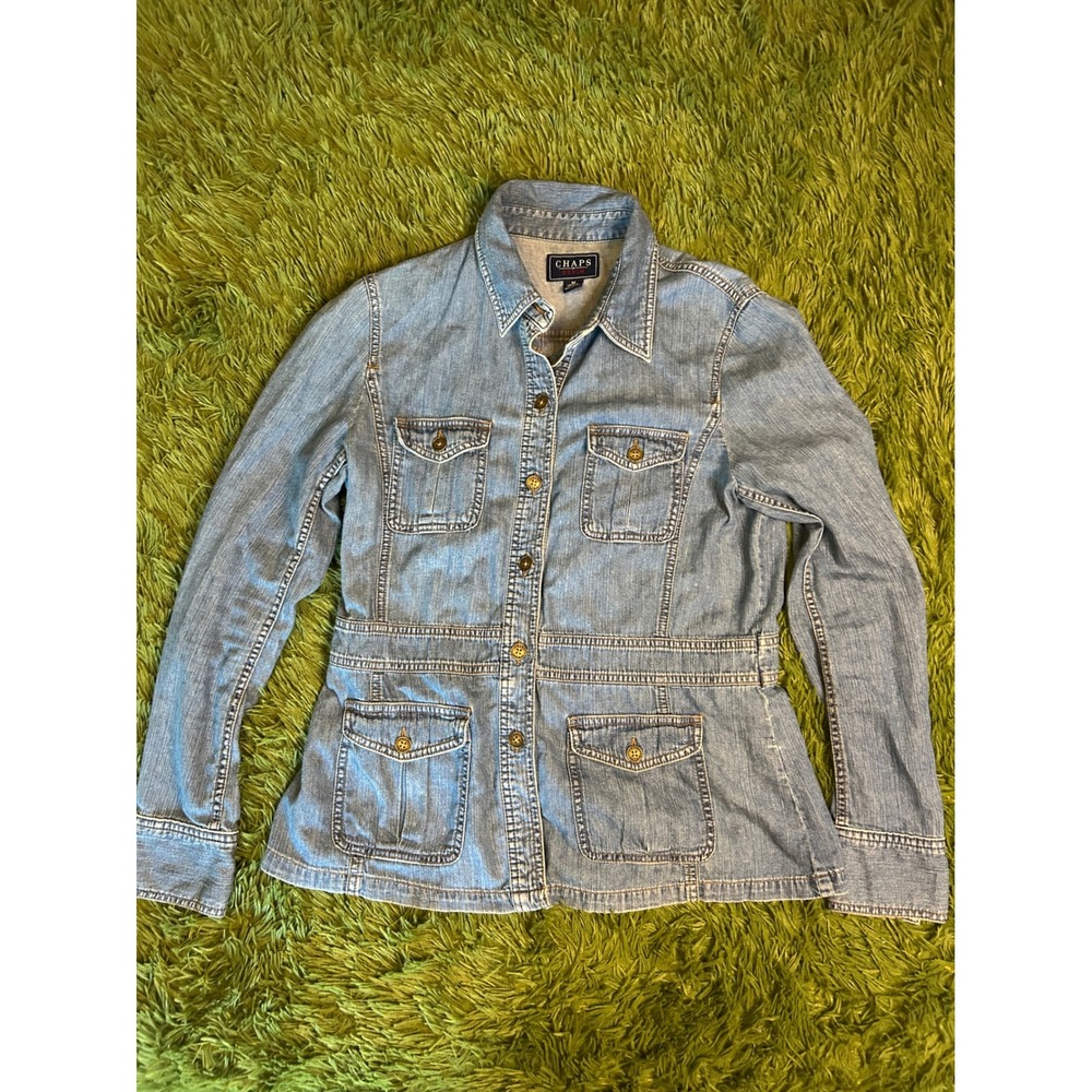 Chaps Denim‎ Jacket Women Medium Blue Safari Utility Field Button Up 100% Cotton